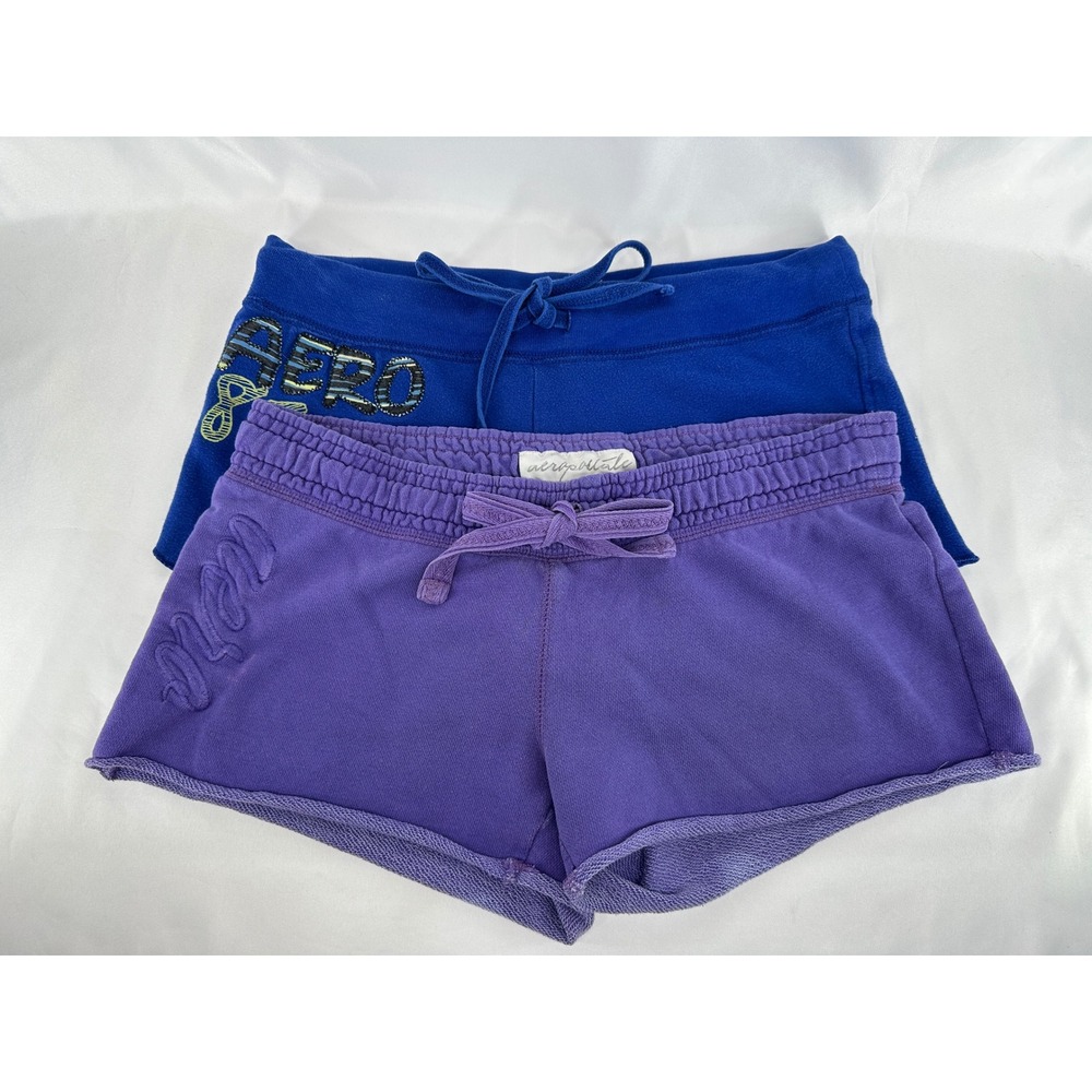 Aeropostale Sweat Shorts Women Small Purple Blue Graphic Drawstring 2 Pack